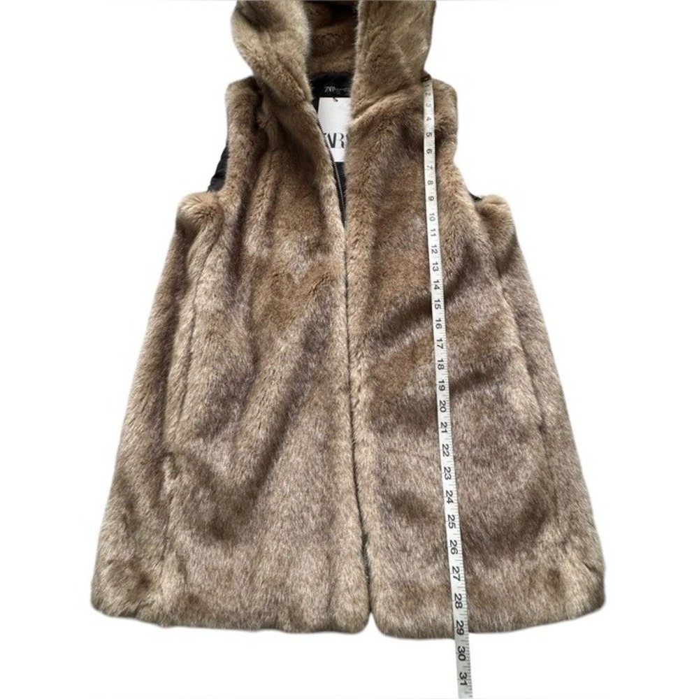 Zara Light Brown Tan Hooded Faux Fur Teddy Vest Zip up Pocket Size Medium - Picture 11 of 12